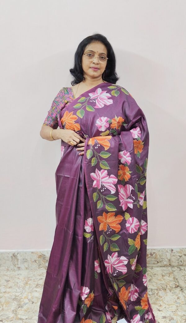 WINE COLORED HAND EMBROIDERIDERED KANTHA STITCH ON BISHNUPURI  KATAN SILK - Image 2
