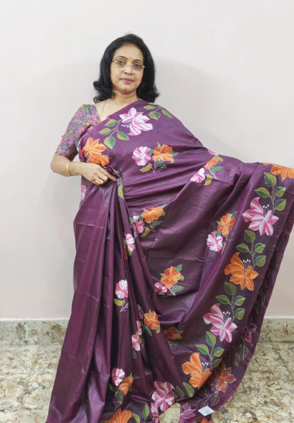 WINE COLORED HAND EMBROIDERIDERED KANTHA STITCH ON BISHNUPURI  KATAN SILK