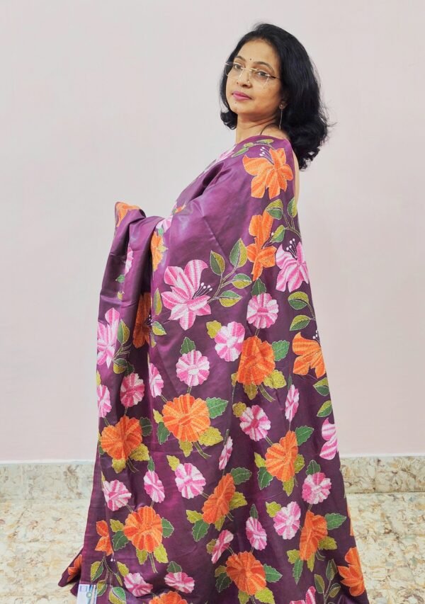 WINE COLORED HAND EMBROIDERIDERED KANTHA STITCH ON BISHNUPURI  KATAN SILK - Image 4