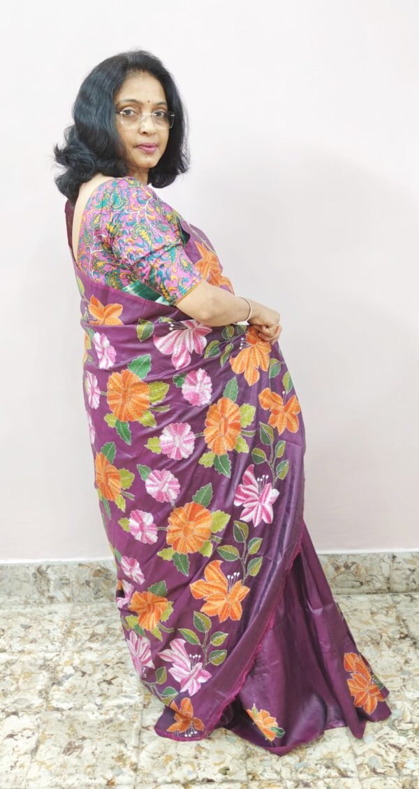 WINE COLORED HAND EMBROIDERIDERED KANTHA STITCH ON BISHNUPURI  KATAN SILK - Image 5