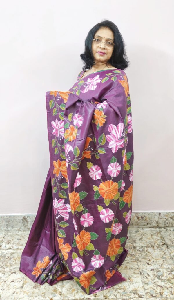 WINE COLORED HAND EMBROIDERIDERED KANTHA STITCH ON BISHNUPURI  KATAN SILK - Image 6