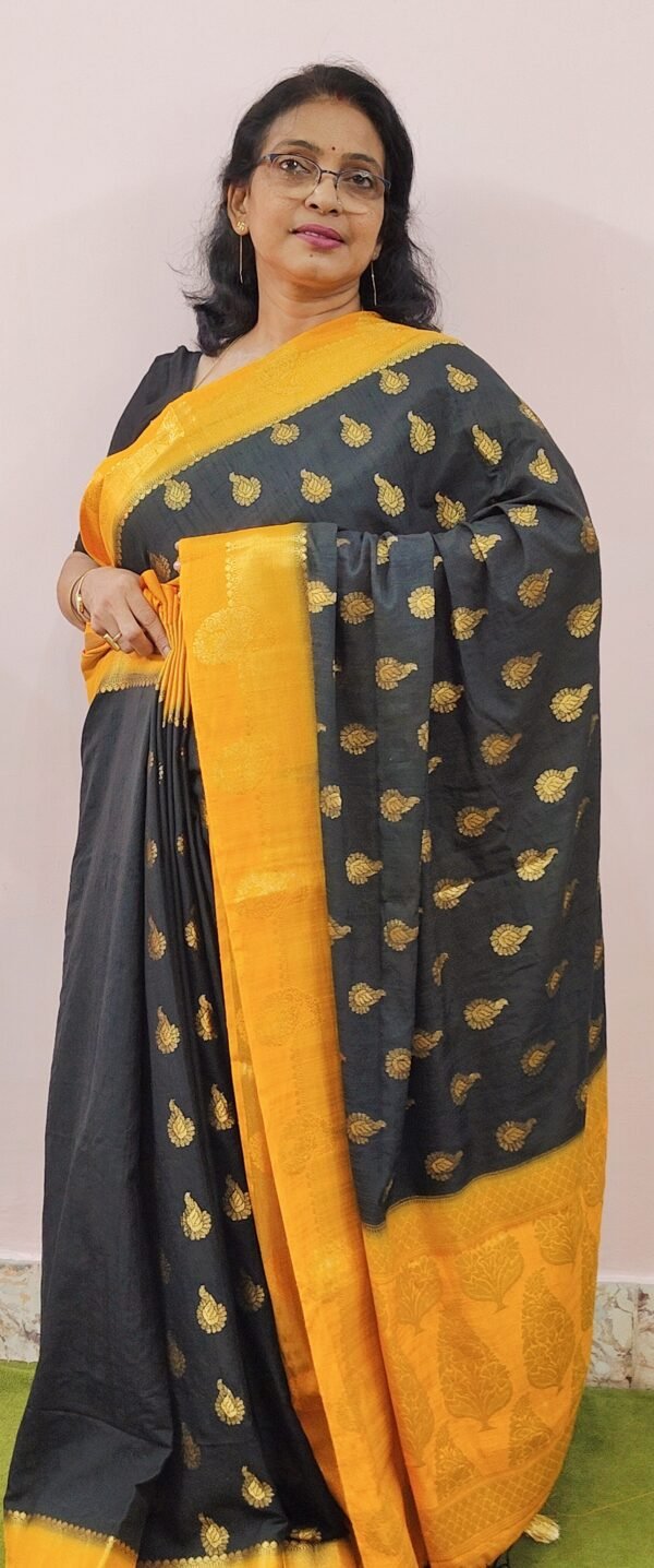 BLACK & GOLDEN YELLOW COLORED LINEN BY COTTON BANARASI SAREE