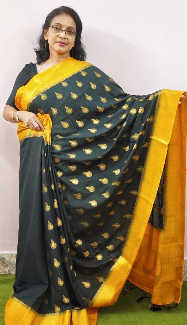 BLACK & GOLDEN YELLOW COLORED LINEN BY COTTON BANARASI SAREE - Image 2